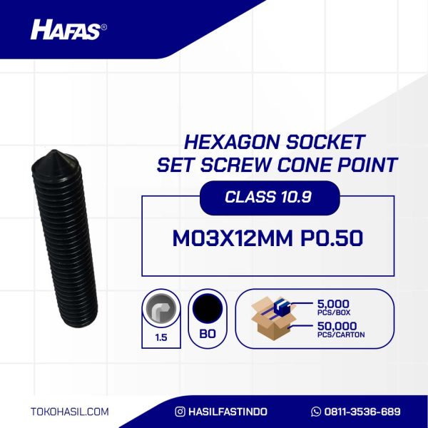 BOLT L PLANT CONE POINT STEEL 10.9 M03x12mm P0.50 BLACK BURNED