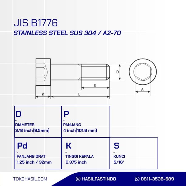 SOCKET CAP BOLT STAINLESS SUS 304 HALF THREAD 3/8 inch X 4 inch 16TPI