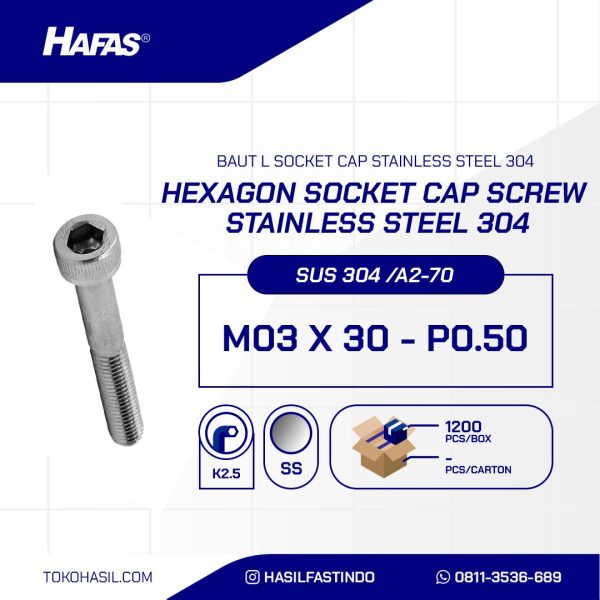 SOCKET CAP SCREW STAINLESS SUS 304 HALF THREAD M03 X 30mm P0.50