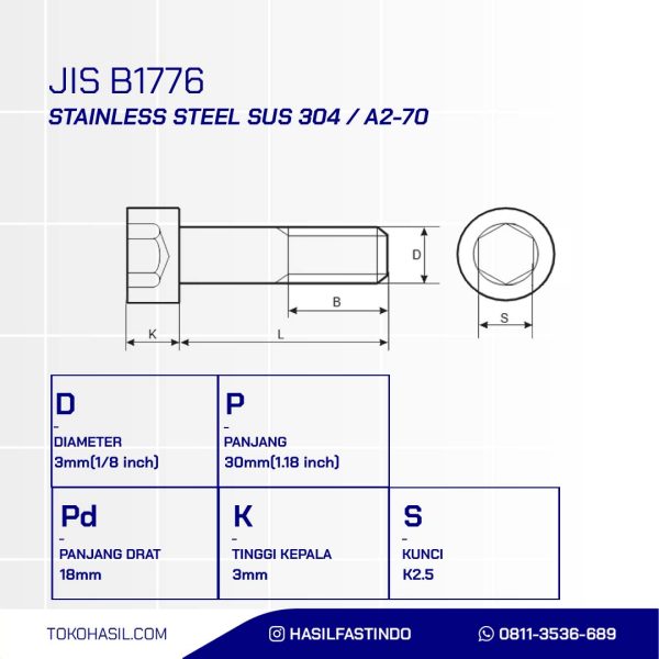 SOCKET CAP SCREW STAINLESS SUS 304 HALF THREAD M03 X 30mm P0.50