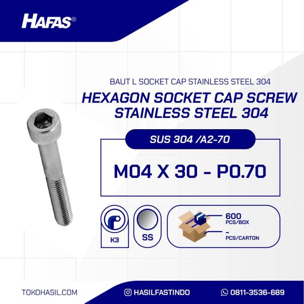 SOCKET CAP SCREW STAINLESS SUS 304 HALF THREAD M04 X 30mm P0.70