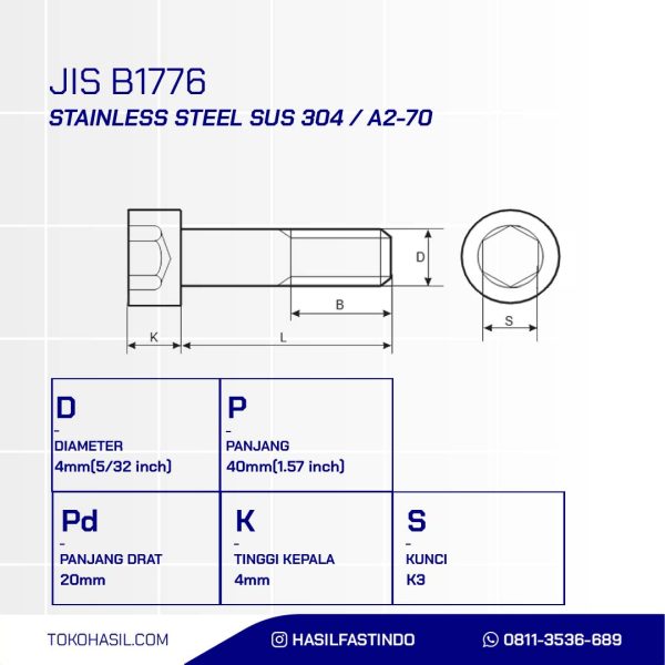 SOCKET CAP SCREW STAINLESS SUS 304 HALF THREAD M04 X 40mm P0.70