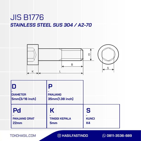 SOCKET CAP BOLT STAINLESS SUS 304 HALF THREAD M05 X 35mm P0.80