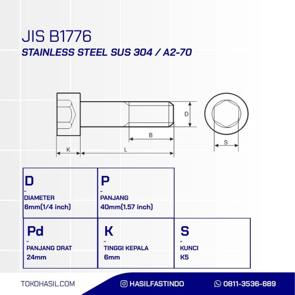 SOCKET CAP SCREW STAINLESS SUS 304 HALF THREAD M06 X 40mm P1.00