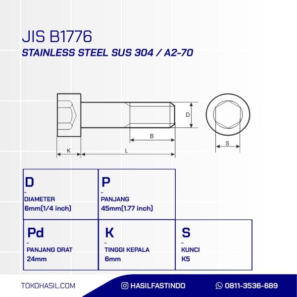 SOCKET CAP SCREW STAINLESS SUS 304 HALF THREAD M06 X 45mm P1.00