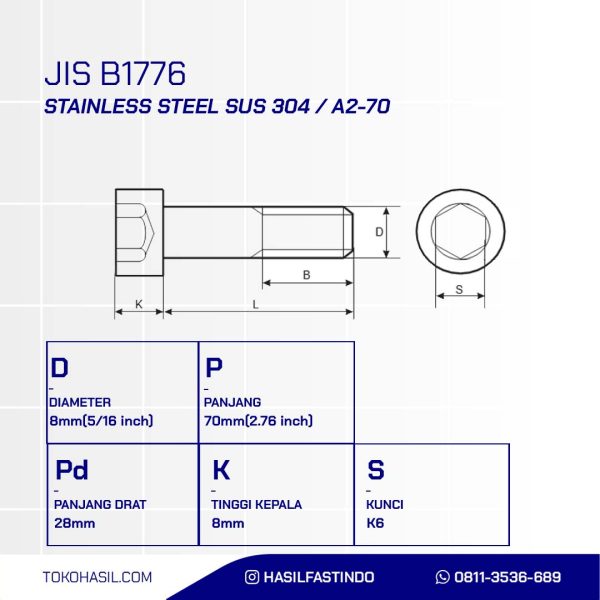 SOCKET CAP BOLT STAINLESS SUS 304 HALF THREAD M08 X 70mm P1.25