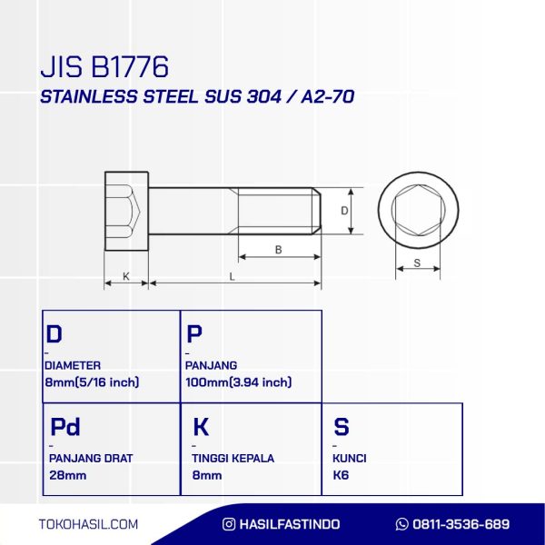 SOCKET CAP BOLT STAINLESS SUS 304 HALF THREAD M08 X 100mm P1.25