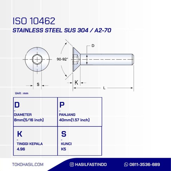STAINLESS STEEL BOLT SUS 304 MM FULL THREAD M08 X 40mm P1.25